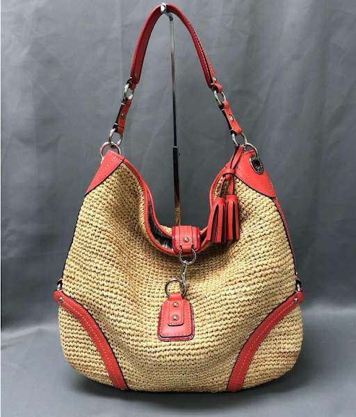 Coach Oversized Straw Hobo with Tangerine Leather Trim, Large Shoulder Bag