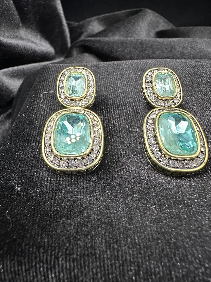 Heidi Daus Aqua Crystal Drop Earrings Gold Tone Double Dangle Statement Designer Jewelry