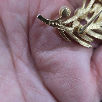 Vintage Crown Trifari Gold Tone Leaf Spray Brooch with Faux Pearl Cluster | Signed Botanical Fern Pin