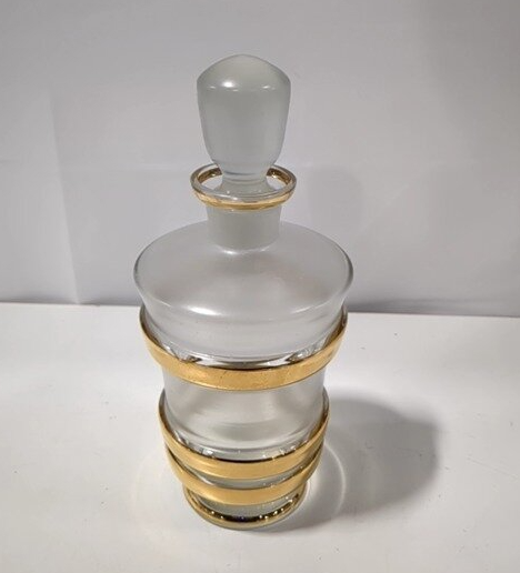 Frosted Glass Decanter Set with Gold Bands, 6-Piece Barware Set, Mid Century Style Whiskey Set with 5 Glasses