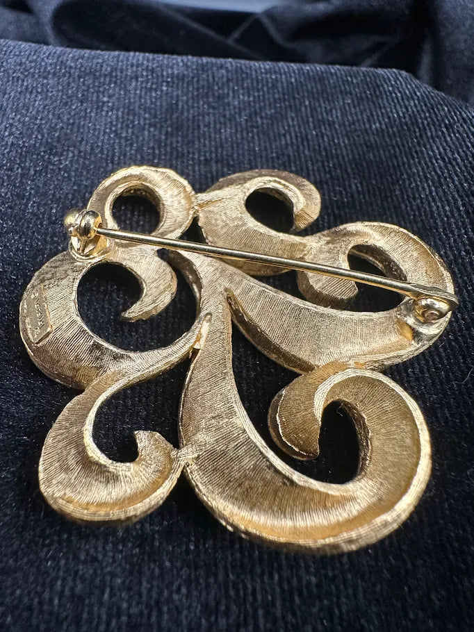 Trifari Gold Tone Scroll Brooch | Vintage Openwork Designer Pin