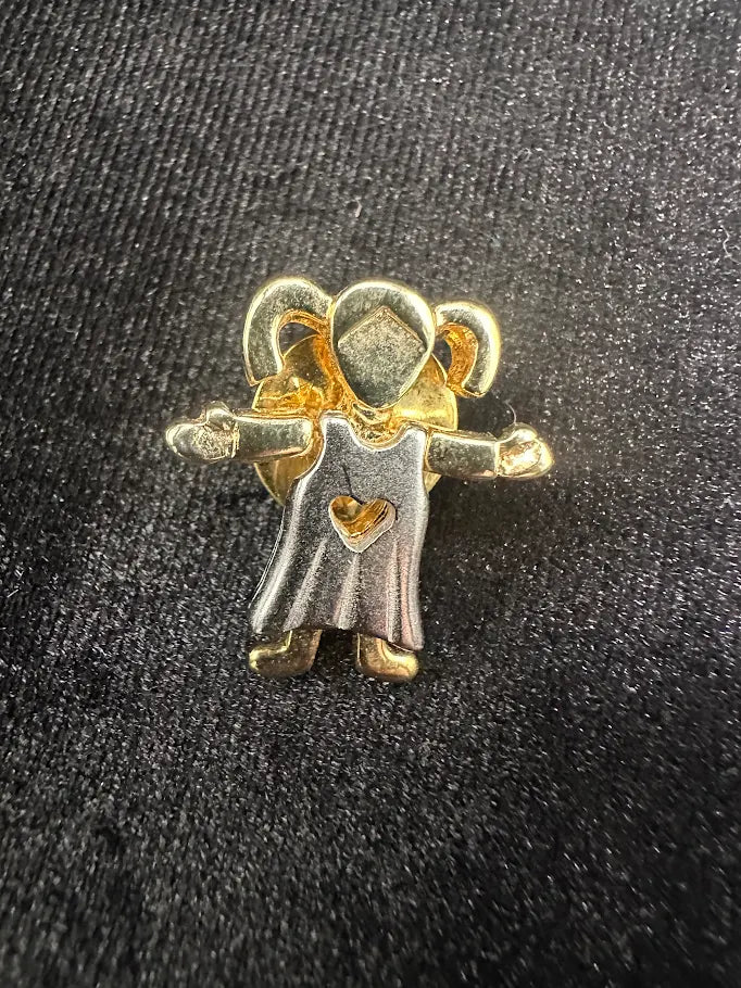 Vintage Two Tone Child Brooch with Heart Cutout Dress