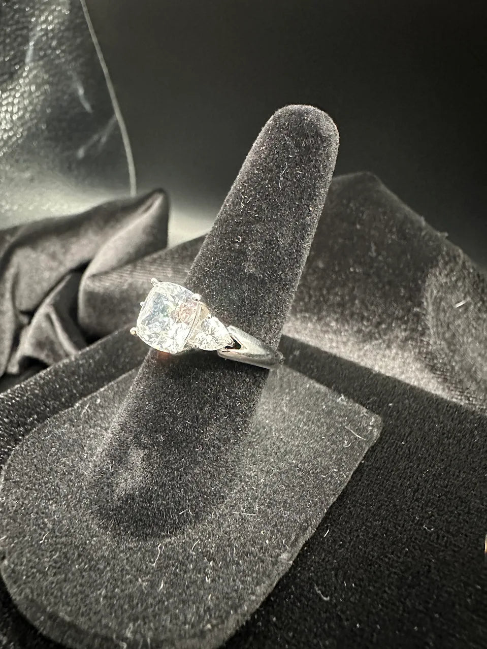 Silver Tone Clear Crystal Solitaire Ring Pear Accent Bridal Inspired Design