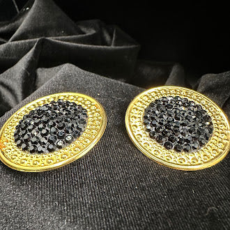 Richard Kerr Gold Tone Black Rhinestone Statement Clip Earrings Large Round Domed Designer Vintage