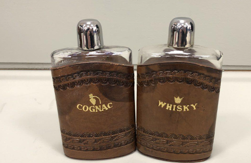 Vintage Leather Flask Set with Whisky and Cognac Bottles, Travel Bar Kit with Case & Cups