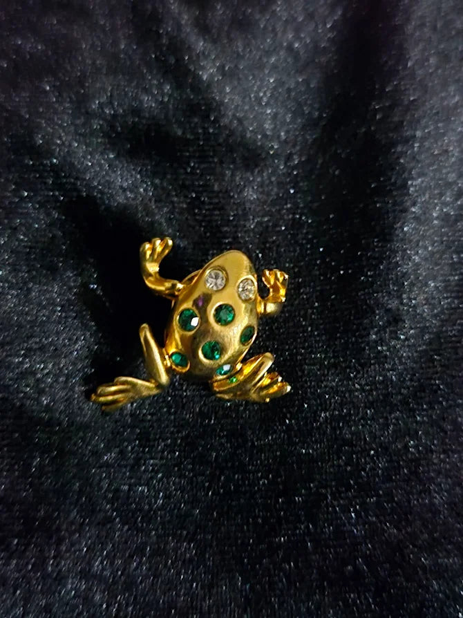 Gold-Tone Frog Brooch with Green Rhinestones Whimsical Figural Statement Pin