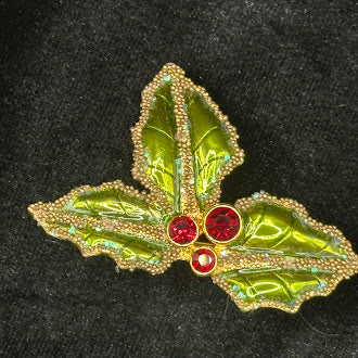 Holly Leaf Christmas Brooch with Green Rhinestones