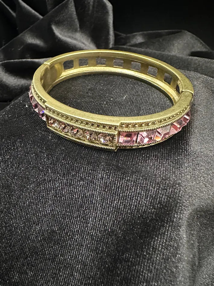 Heidi Daus Pink Crystal Bangle Bracelet Gold Tone Hinged Cuff Baguette Rhinestone Designer