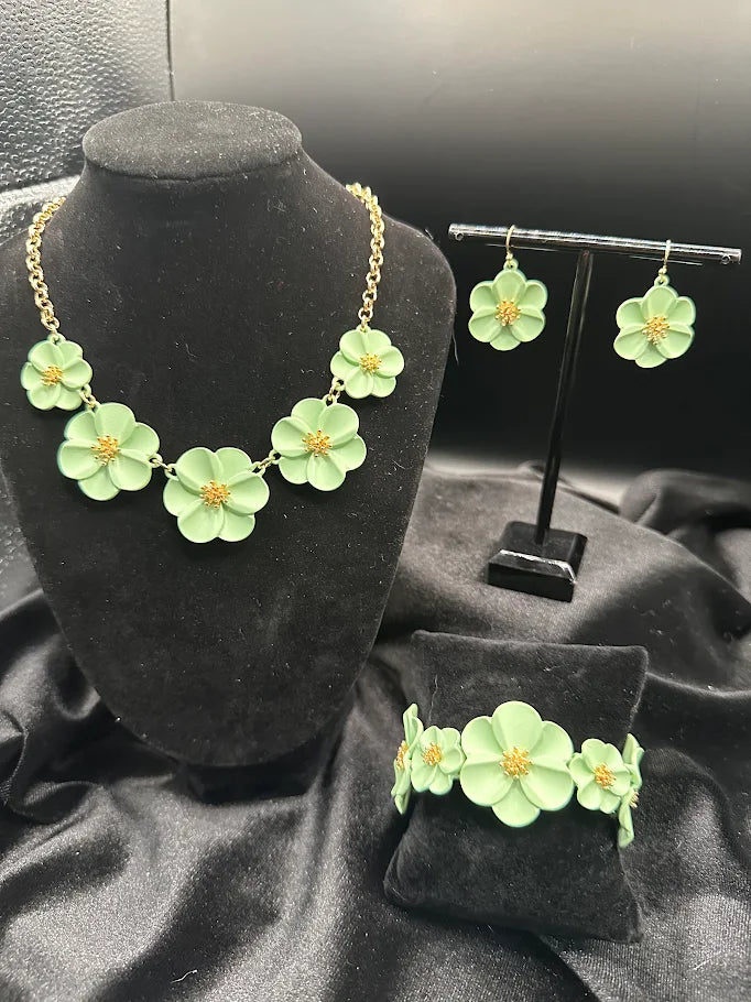 Mint Green Flower Necklace Earrings and Bracelet Set