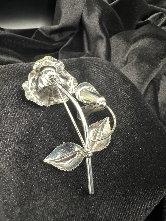 Silver Tone Rose Brooch | Vintage Dimensional Floral Stem Pin