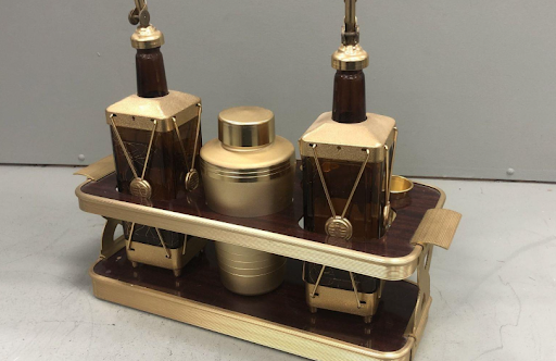 Vintage Mid Century Musical Bar Service Set with Pour Bottles, Cups and Tray, Retro Cocktail Entertaining Piece