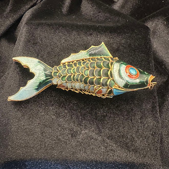 Green Enamel Cloisonne Articulated Fish Pendant Gold Tone Wirework Detail