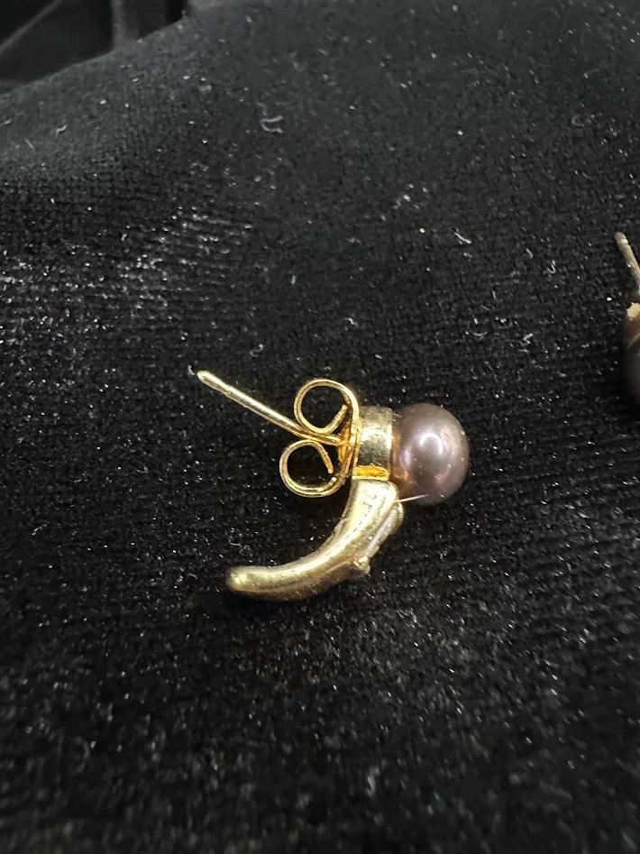 Gold Tone Black Pearl Wing Stud Earrings Pavé Crystal Accent Sculptural Statement Jewelry