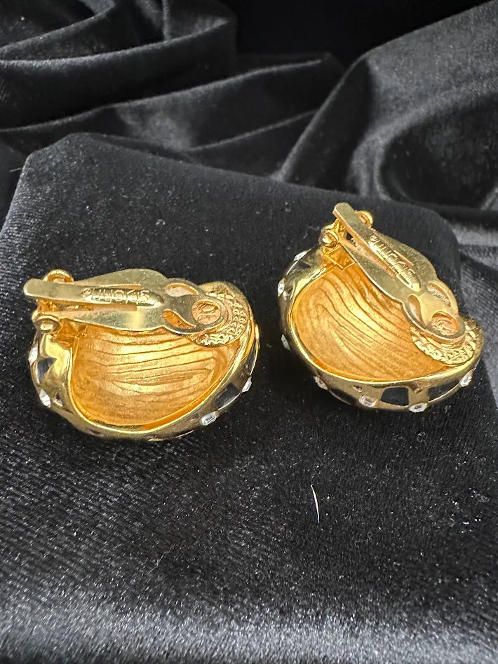 Swarovski Gold Tone Pavé Crystal Clip Earrings Dome Huggie Style Rhinestone Designer Jewelry