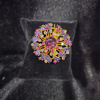 Vintage Austria Signed Gold Tone Rhinestone Brooch with Pink and Lavender Baguette Stones