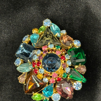 Large Vintage Multi Rhinestone Cluster Brooch Colorful Statement Pin Gold Tone