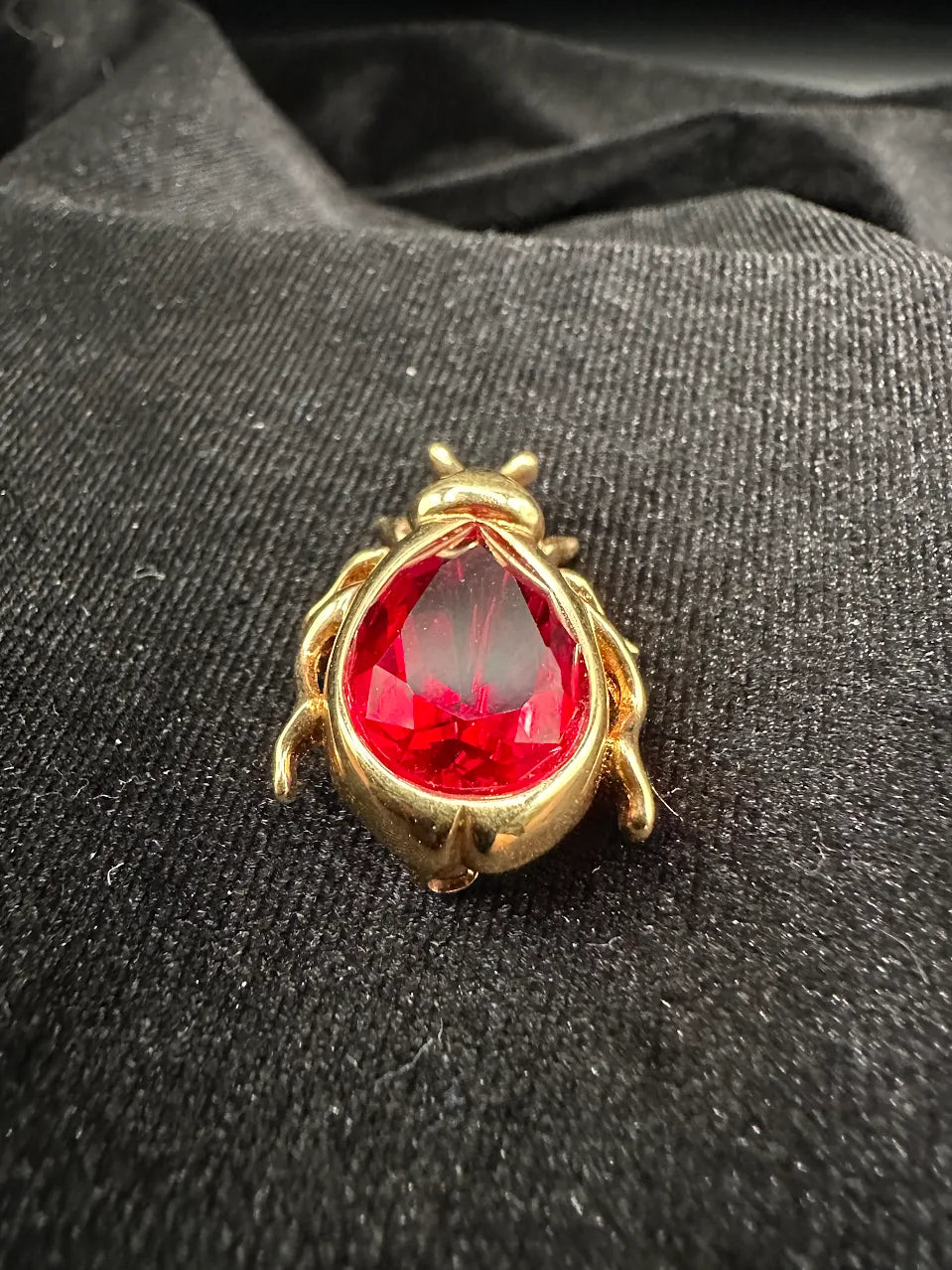 Gold Tone Red Crystal Beetle Brooch