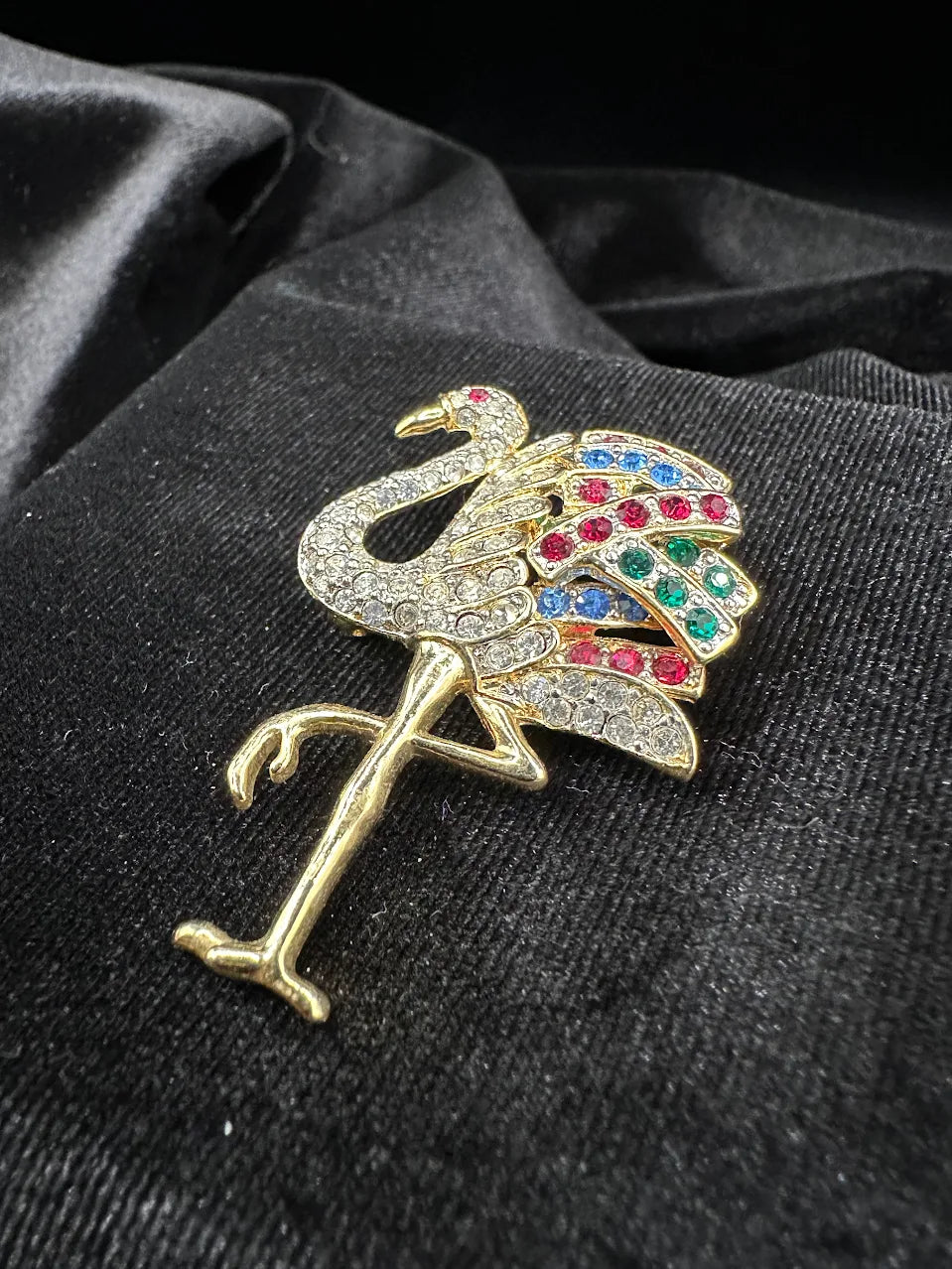 Gold Tone Multicolor Crystal Flamingo Brooch