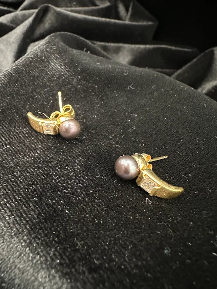 Gold Tone Black Pearl Wing Stud Earrings Pavé Crystal Accent Sculptural Statement Jewelry