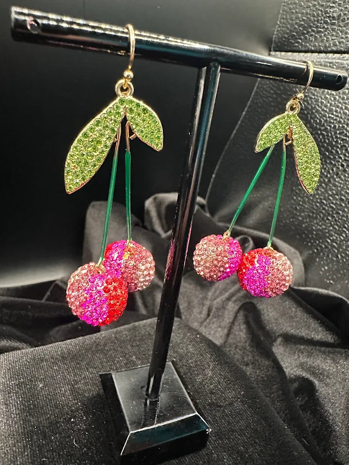 Pink Crystal Cherry Dangle Earrings with Green Leaf Accents and Gold Tone Hooks