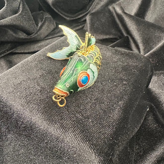 Green Enamel Cloisonne Articulated Fish Pendant Gold Tone Wirework Detail