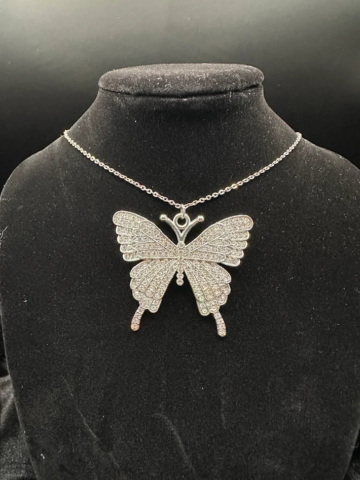 Large Crystal Butterfly Statement Necklace Silver Tone Pave Rhinestone Pendant Elegant Bold