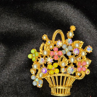 Art Gold Tone Pastel Rhinestone Flower Basket Brooch Signed Floral Pin