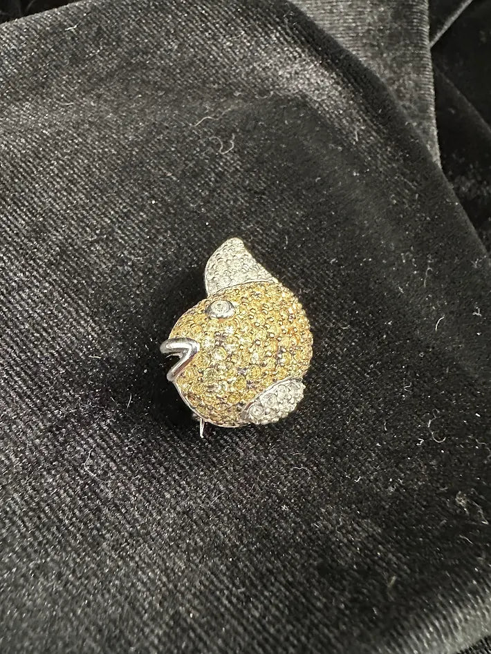 Vintage Sterling Silver Fish Brooch 925 Thailand Gold Tone Pavé Crystal Figural Pin Coastal Nautical Jewelry