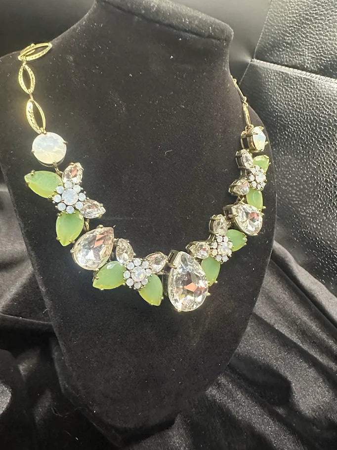 Green Rhinestone Bib Necklace Gold Tone Crystal Statement Jewelry