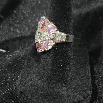 925 Sterling Silver Pink and White CZ Star Cluster Cocktail Ring Size 5.25 Statement Dome Ring