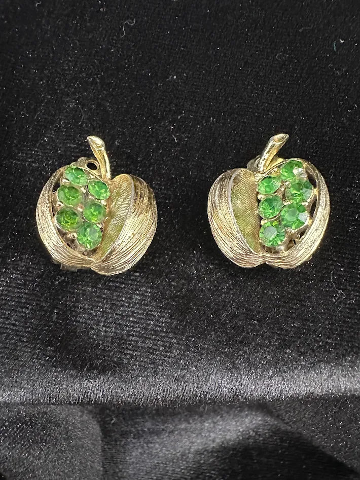 Gold Tone Green Crystal Basket Clip Earrings Textured Fruit Motif Vintage Statement Jewelry
