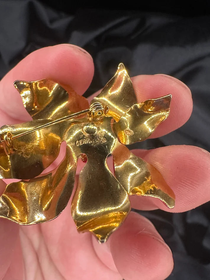 Vintage Cerrito Poinsettia Brooch Red Enamel Gold Tone Christmas Flower Pin