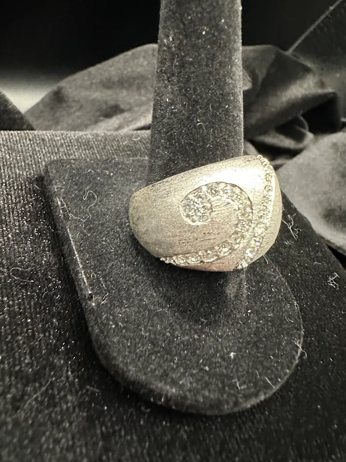 925 Sterling Silver Brushed Dome Ring Chunky Statement Ring Swirl Texture Crystal Accent Size 8