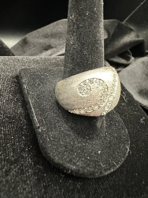 925 Sterling Silver Brushed Dome Ring Chunky Statement Ring Swirl Texture Crystal Accent Size 8
