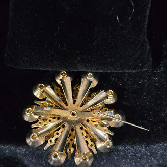 Vintage Gold Tone Yellow & Clear Rhinestone Sunburst Flower Brooch | Layered Crystal Floral Statement Pin