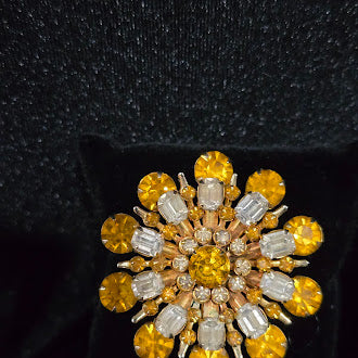 Vintage Gold Tone Yellow & Clear Rhinestone Sunburst Flower Brooch | Layered Crystal Floral Statement Pin
