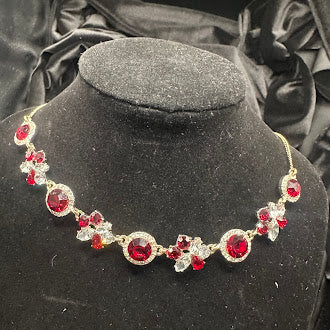 Givenchy Silver Tone Red Stone Statement Necklace with Clear Crystal Accents