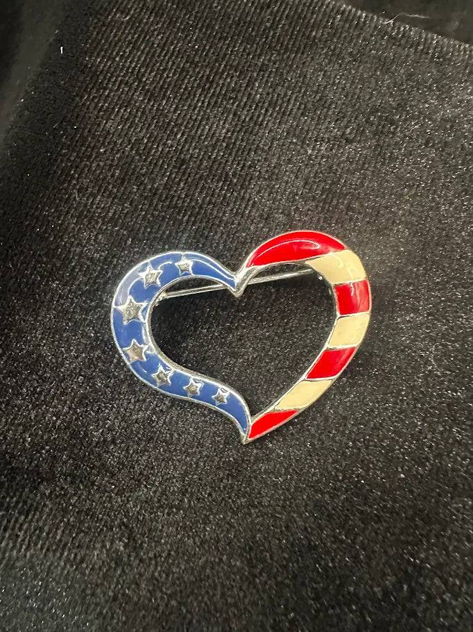 NOAV Silver Tone Patriotic Heart Brooch with Red White and Blue Enamel