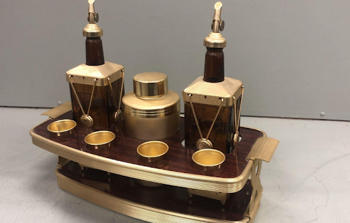 Vintage Mid Century Musical Bar Service Set with Pour Bottles, Cups and Tray, Retro Cocktail Entertaining Piece