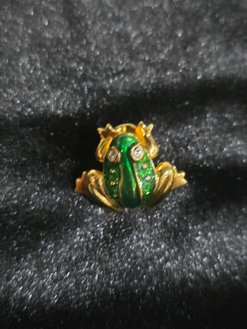 Avon Frog Brooch Green Enamel Rhinestone Gold Tone Vintage Figural Pin