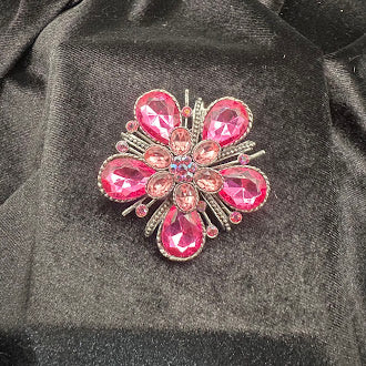 Silver Tone Pink Crystal Flower Brooch Teardrop Petal Cluster Design