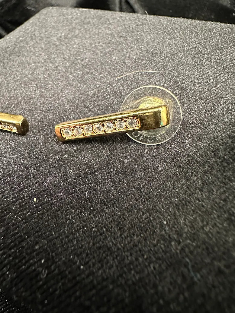 Swarovski Gold Tone Crystal Bar Stud Earrings Minimalist Designer Rhinestone Jewelry