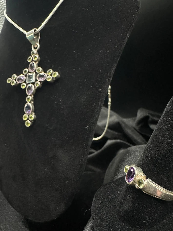 925 Sterling Silver Amethyst Peridot White Topaz Cross Pendant Necklace Ring Set Vintage Gemstone Jewelry