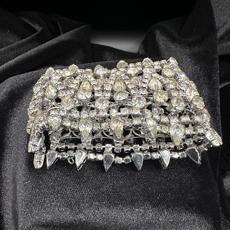 Large Crystal Statement Cuff Bracelet Silver Tone Multi Rhinestone Wide Bracelet Heavy Couture Style Glam Jewelry