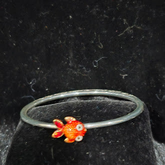 Brighton Silvertone Bangle Bracelet with Red Enamel Fish Accent Curated Estate Designer Style