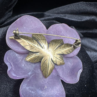 Purple Lucite Flower Brooch with Pearl and Pink Crystal Cluster Center