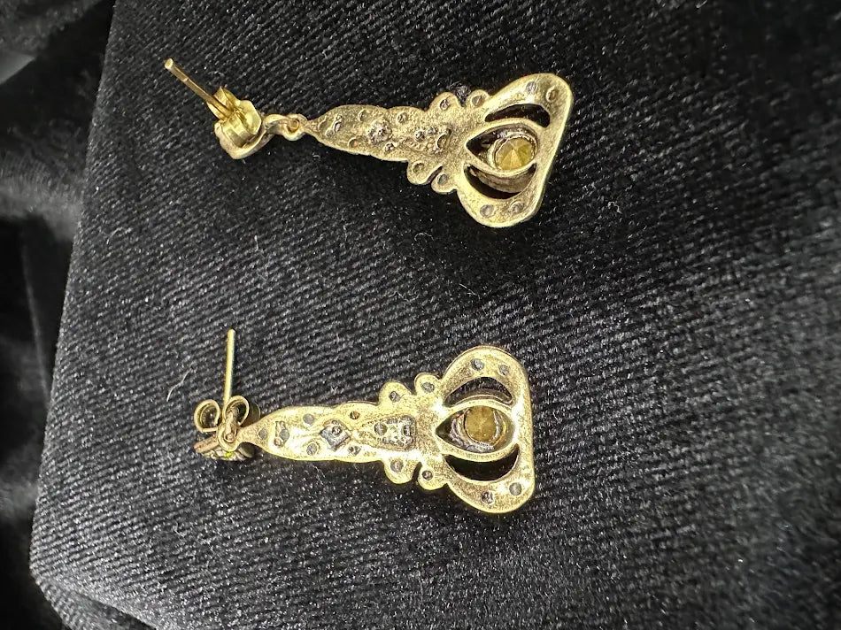 Gold Tone Green Crystal Drop Earrings Art Deco Style Peridot Rhinestone Dangle Vintage Statement Jewelry