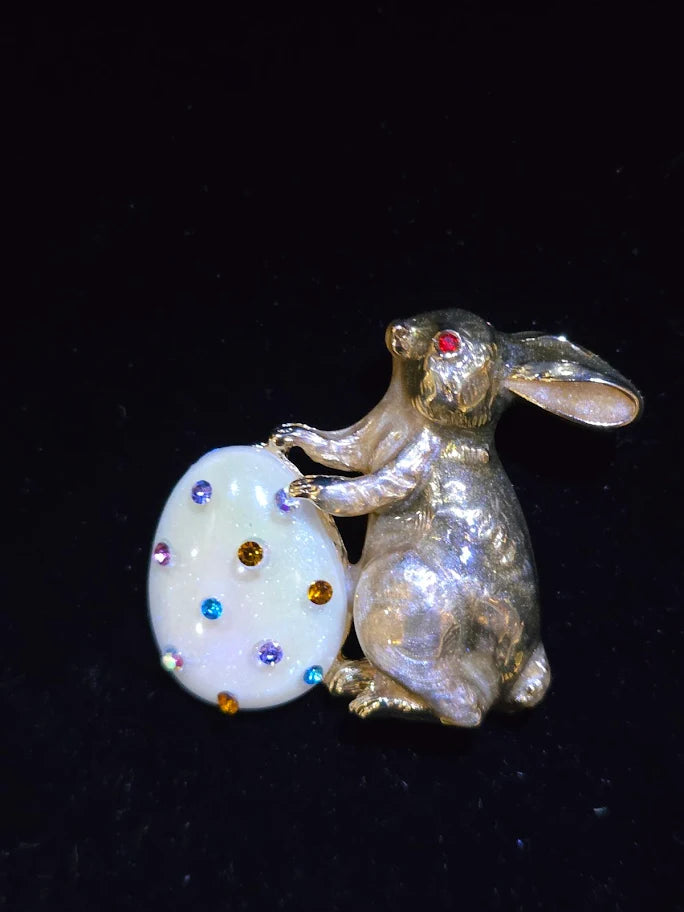 Vintage-Style Easter Bunny Brooch with Jeweled Egg, Gold Tone Rabbit Pin with Multicolor Crystals