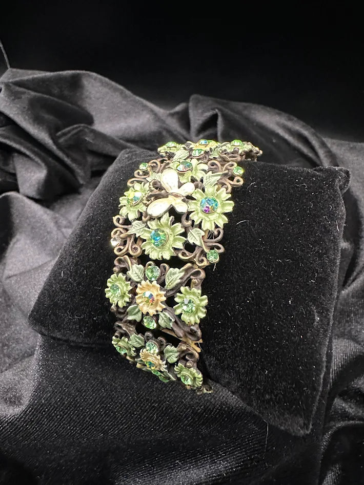 Vintage Floral Green Crystal Bracelet Antique Bronze Tone Wide Filigree Cuff Statement Garden Glam