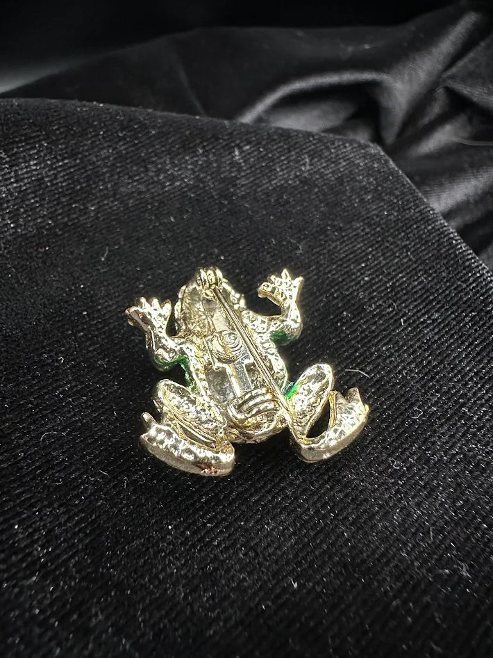 Swarovski Gold Tone Green Enamel Frog Brooch with Black Crystal Eyes